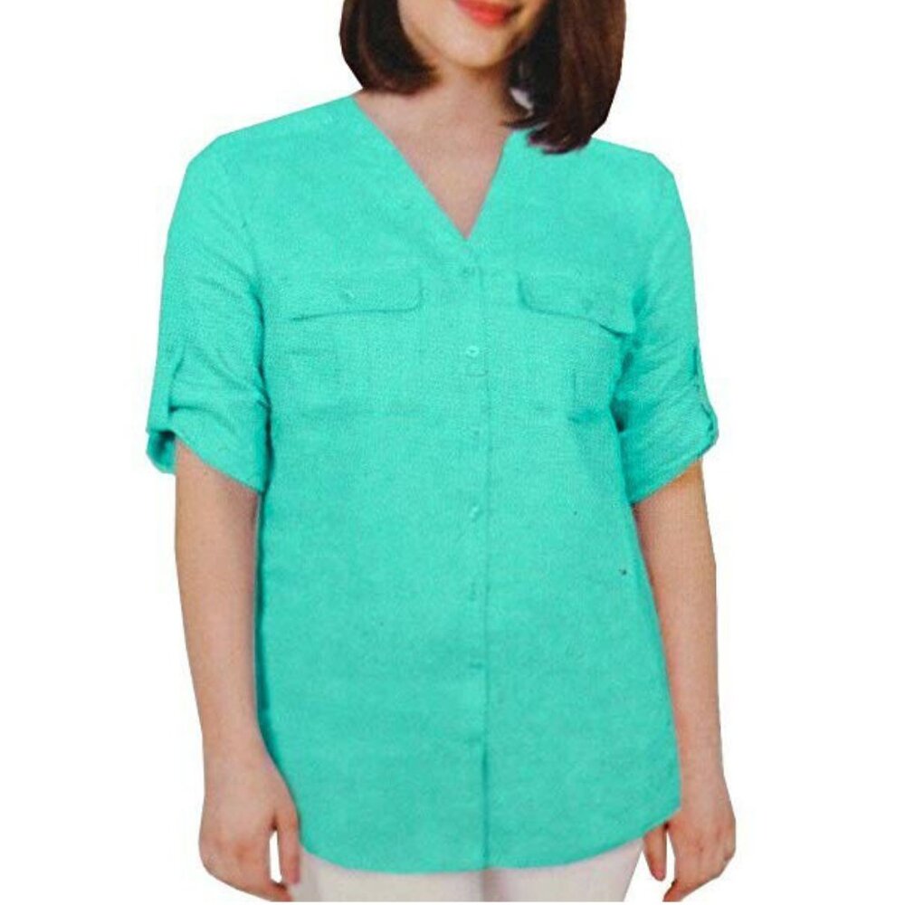 Nicole Miller 100% Linen Button Front Roll Tab Top S NWT